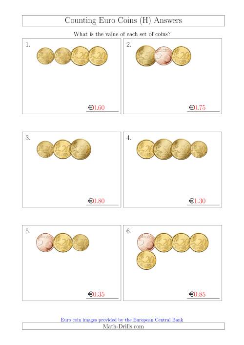 The Counting Small Collections of Euro Coins Including Only 5, 10, 20 and 50 Cent Coins (H) Math Worksheet Page 2