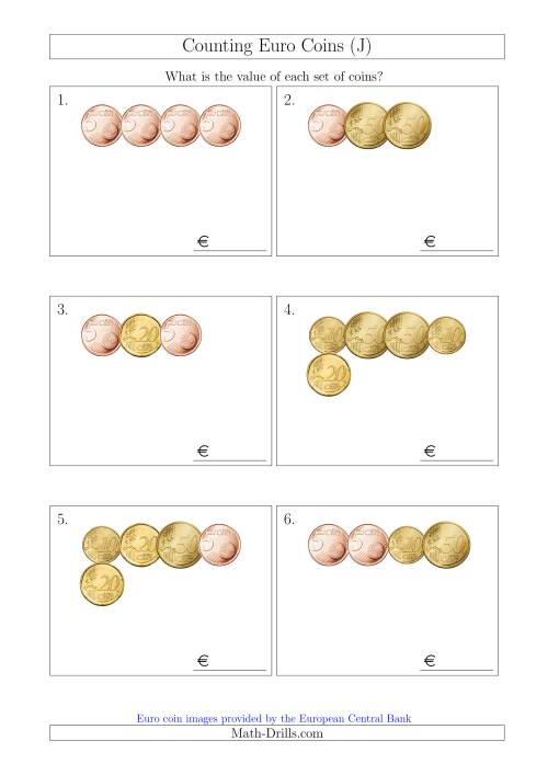 The Counting Small Collections of Euro Coins Including Only 5, 10, 20 and 50 Cent Coins (J) Math Worksheet