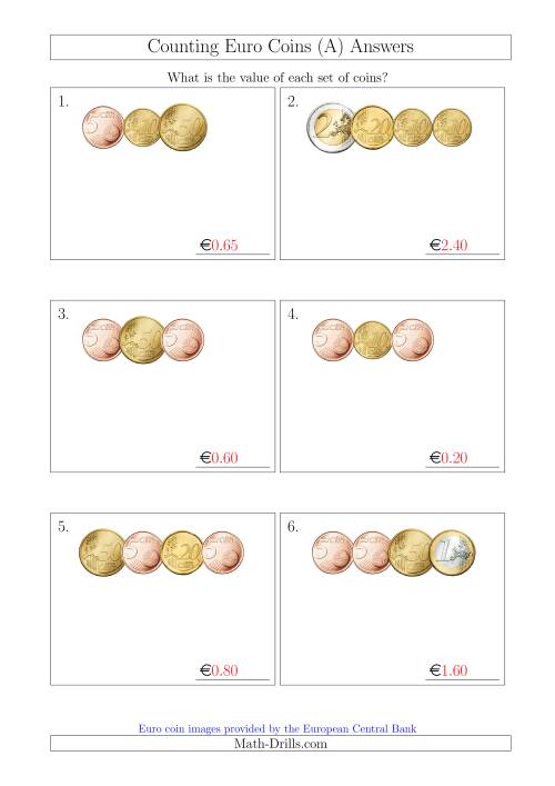 The Counting Small Collections of Euro Coins Without 1 or 2 Cent Coins (A) Math Worksheet Page 2