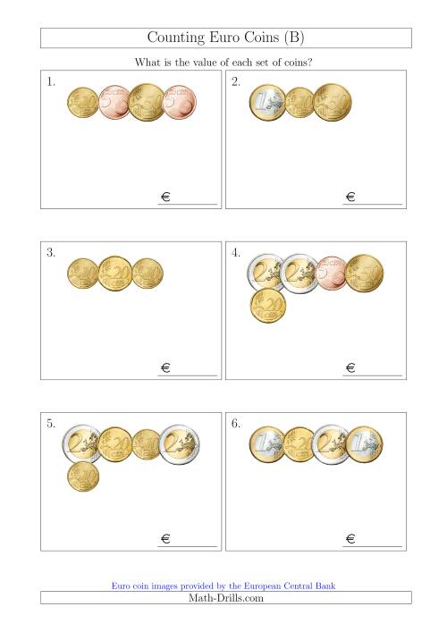 The Counting Small Collections of Euro Coins Without 1 or 2 Cent Coins (B) Math Worksheet