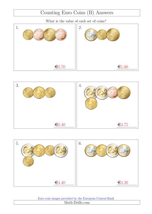 The Counting Small Collections of Euro Coins Without 1 or 2 Cent Coins (B) Math Worksheet Page 2