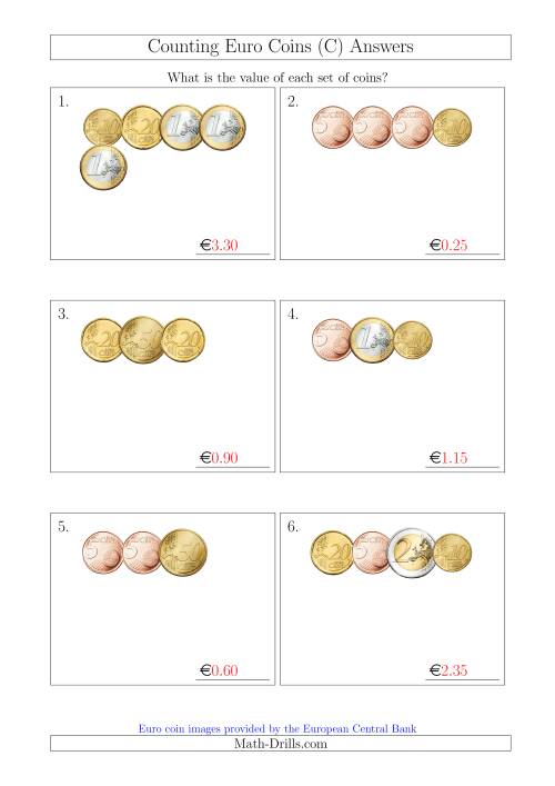 The Counting Small Collections of Euro Coins Without 1 or 2 Cent Coins (C) Math Worksheet Page 2