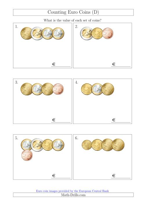 The Counting Small Collections of Euro Coins Without 1 or 2 Cent Coins (D) Math Worksheet