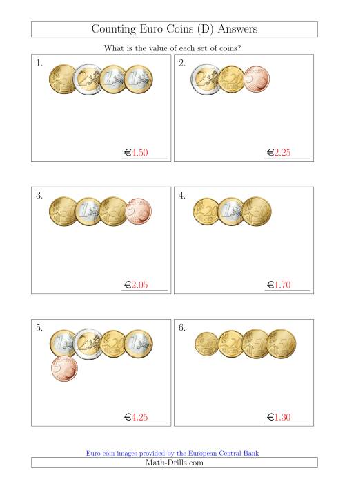 The Counting Small Collections of Euro Coins Without 1 or 2 Cent Coins (D) Math Worksheet Page 2