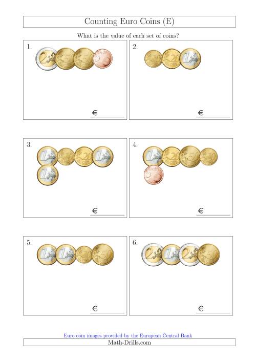 The Counting Small Collections of Euro Coins Without 1 or 2 Cent Coins (E) Math Worksheet