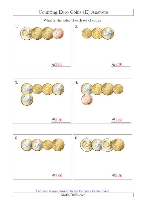 The Counting Small Collections of Euro Coins Without 1 or 2 Cent Coins (E) Math Worksheet Page 2