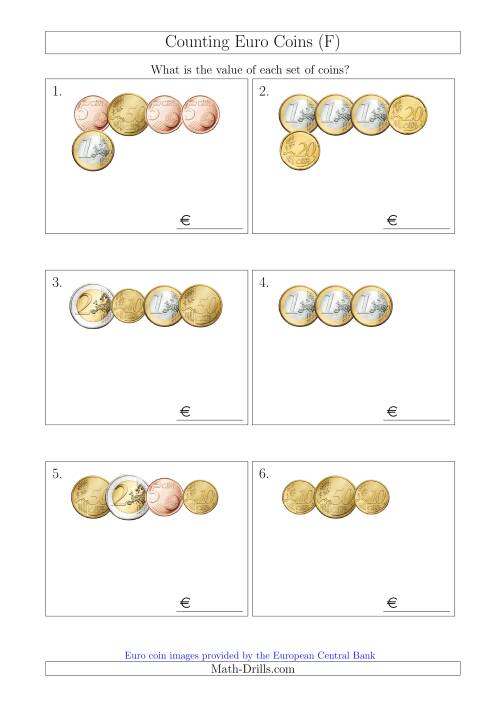The Counting Small Collections of Euro Coins Without 1 or 2 Cent Coins (F) Math Worksheet