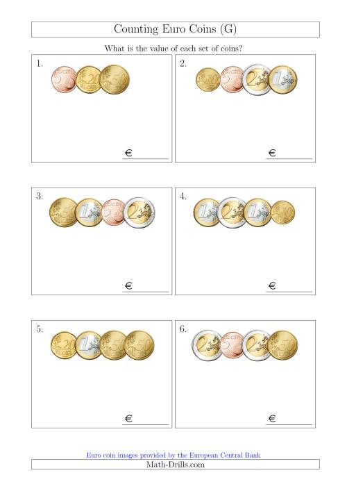 The Counting Small Collections of Euro Coins Without 1 or 2 Cent Coins (G) Math Worksheet
