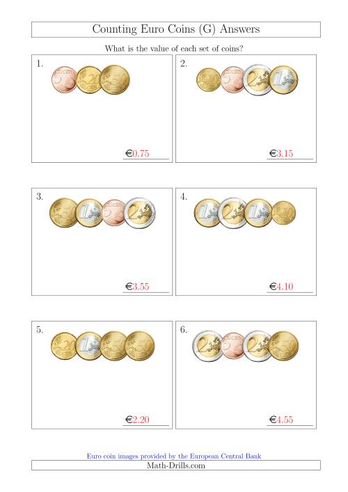 The Counting Small Collections of Euro Coins Without 1 or 2 Cent Coins (G) Math Worksheet Page 2
