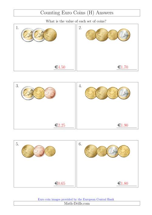 The Counting Small Collections of Euro Coins Without 1 or 2 Cent Coins (H) Math Worksheet Page 2