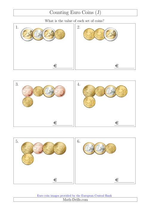 The Counting Small Collections of Euro Coins Without 1 or 2 Cent Coins (J) Math Worksheet