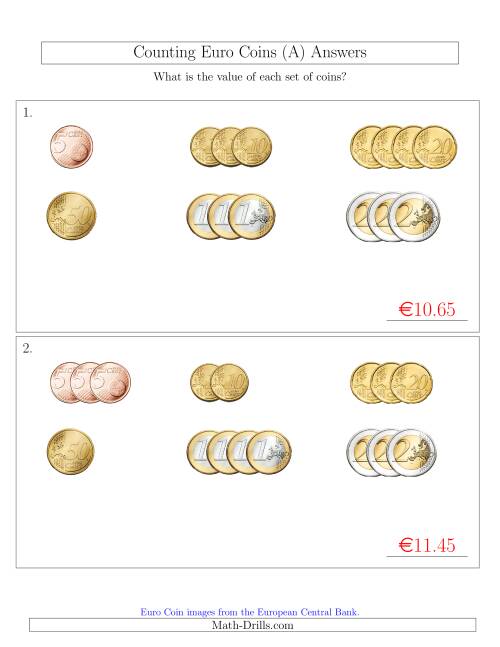 The Counting Small Collections of Euro Coins Sorted Version (No 1 or 2 Cents) (A) Math Worksheet Page 2