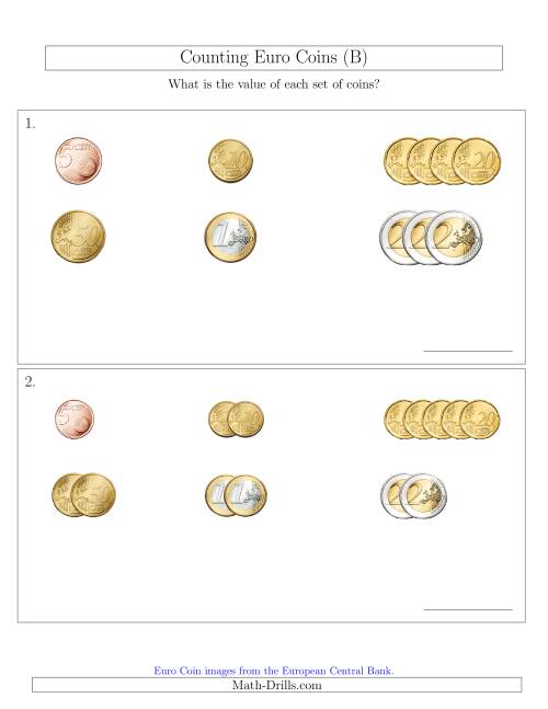 The Counting Small Collections of Euro Coins Sorted Version (No 1 or 2 Cents) (B) Math Worksheet