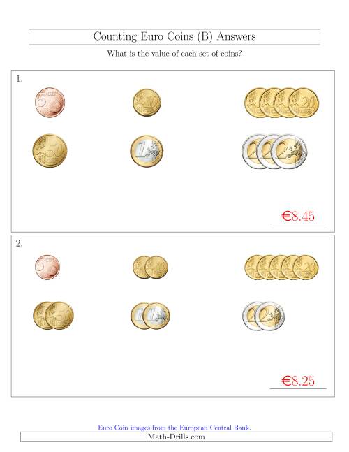 The Counting Small Collections of Euro Coins Sorted Version (No 1 or 2 Cents) (B) Math Worksheet Page 2