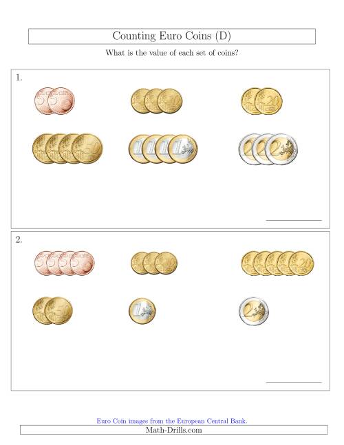The Counting Small Collections of Euro Coins Sorted Version (No 1 or 2 Cents) (D) Math Worksheet