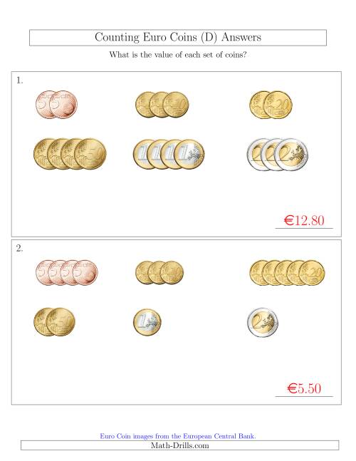 The Counting Small Collections of Euro Coins Sorted Version (No 1 or 2 Cents) (D) Math Worksheet Page 2