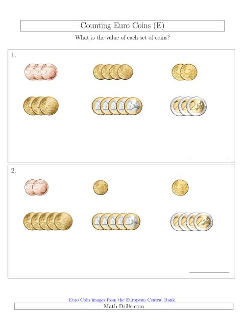 The Counting Small Collections of Euro Coins Sorted Version (No 1 or 2 Cents) (E) Math Worksheet