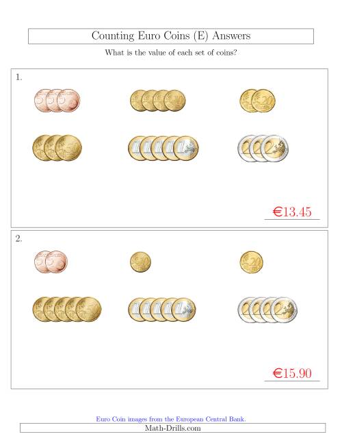 The Counting Small Collections of Euro Coins Sorted Version (No 1 or 2 Cents) (E) Math Worksheet Page 2