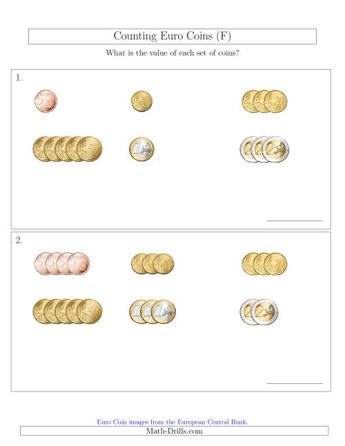 The Counting Small Collections of Euro Coins Sorted Version (No 1 or 2 Cents) (F) Math Worksheet