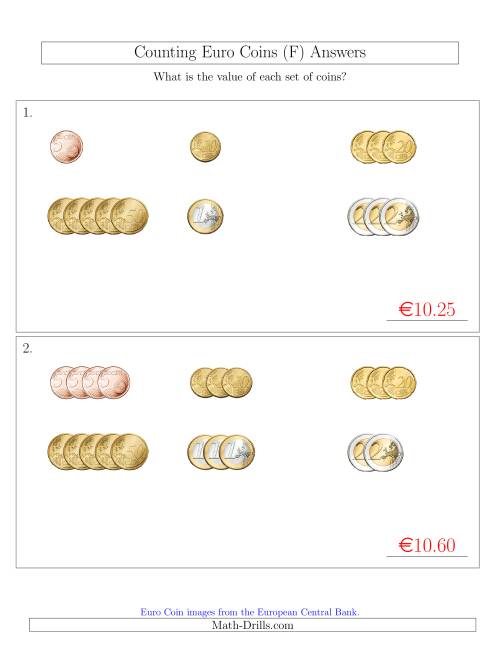 The Counting Small Collections of Euro Coins Sorted Version (No 1 or 2 Cents) (F) Math Worksheet Page 2