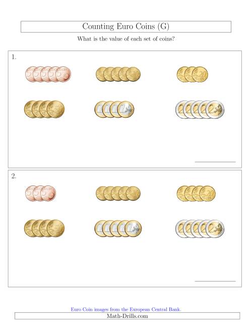 The Counting Small Collections of Euro Coins Sorted Version (No 1 or 2 Cents) (G) Math Worksheet