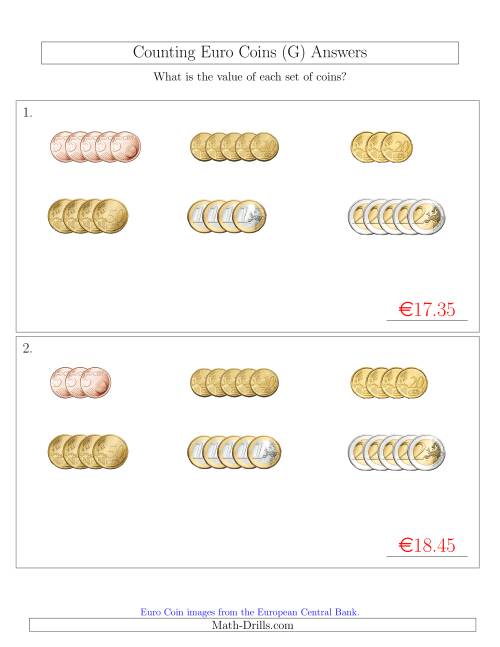 The Counting Small Collections of Euro Coins Sorted Version (No 1 or 2 Cents) (G) Math Worksheet Page 2
