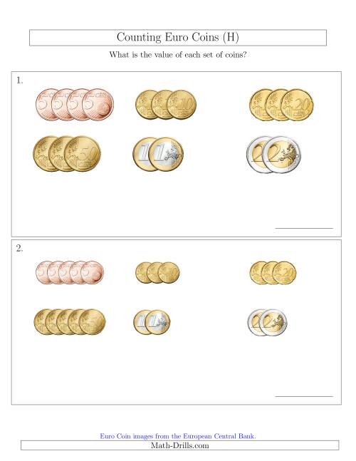 The Counting Small Collections of Euro Coins Sorted Version (No 1 or 2 Cents) (H) Math Worksheet