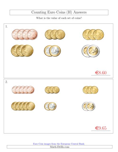 The Counting Small Collections of Euro Coins Sorted Version (No 1 or 2 Cents) (H) Math Worksheet Page 2