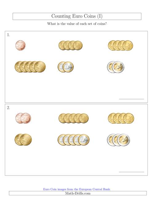 The Counting Small Collections of Euro Coins Sorted Version (No 1 or 2 Cents) (I) Math Worksheet