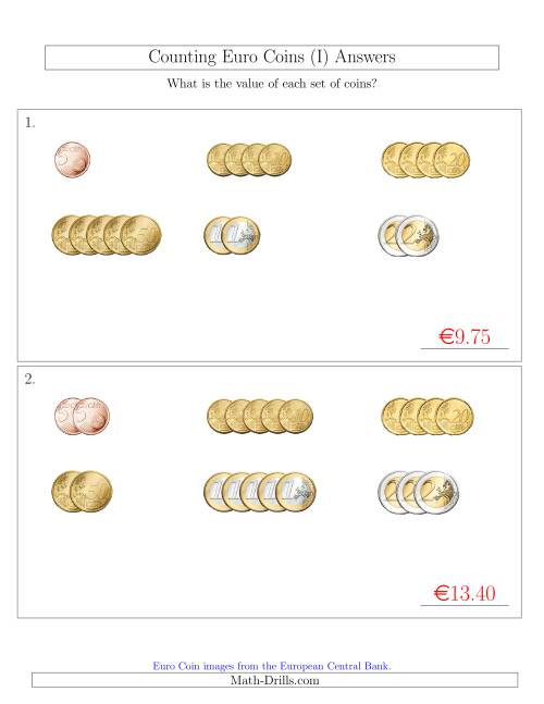 The Counting Small Collections of Euro Coins Sorted Version (No 1 or 2 Cents) (I) Math Worksheet Page 2