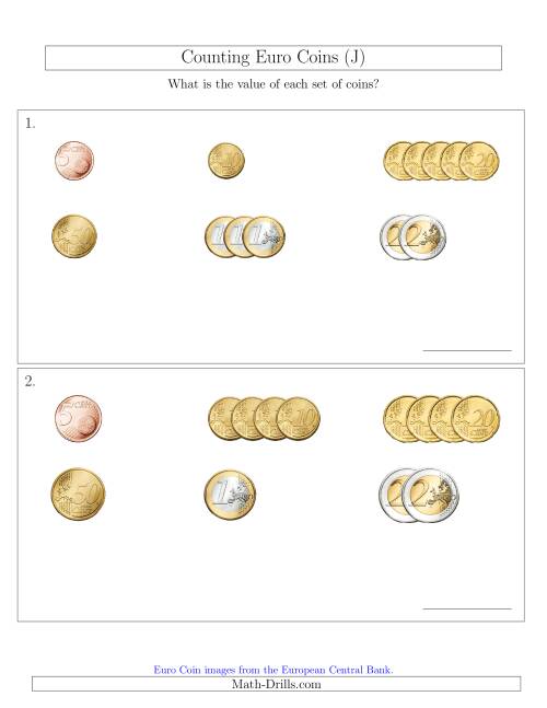 The Counting Small Collections of Euro Coins Sorted Version (No 1 or 2 Cents) (J) Math Worksheet