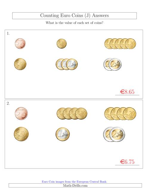 The Counting Small Collections of Euro Coins Sorted Version (No 1 or 2 Cents) (J) Math Worksheet Page 2