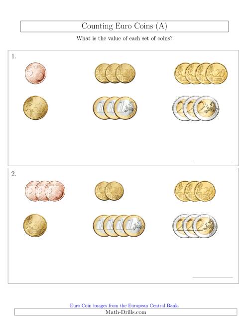 The Counting Small Collections of Euro Coins Sorted Version (No 1 or 2 Cents) (All) Math Worksheet