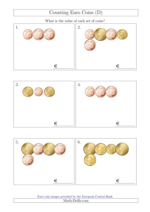 The Counting Small Collections of Euro Coins Without 1 or 2 Euro Coins (D) Math Worksheet