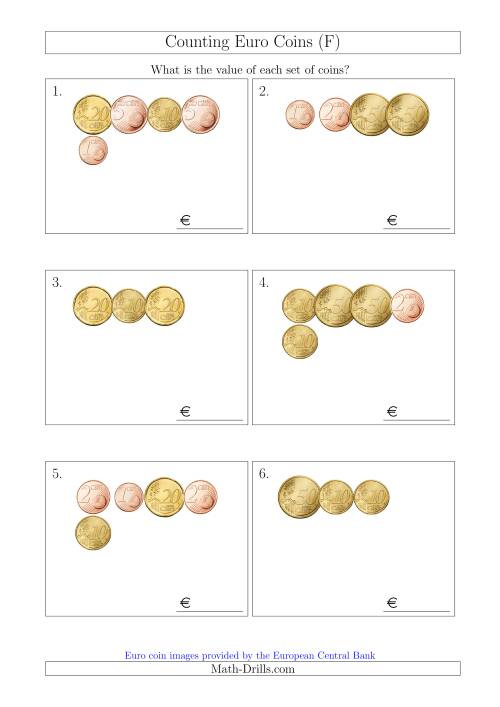 The Counting Small Collections of Euro Coins Without 1 or 2 Euro Coins (F) Math Worksheet