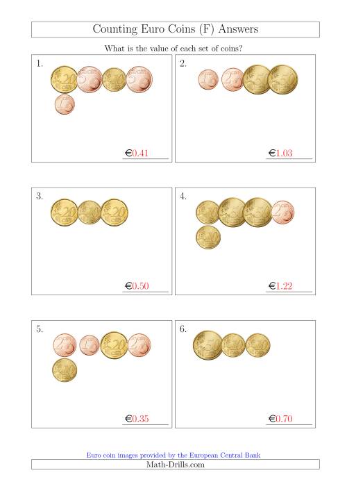 The Counting Small Collections of Euro Coins Without 1 or 2 Euro Coins (F) Math Worksheet Page 2