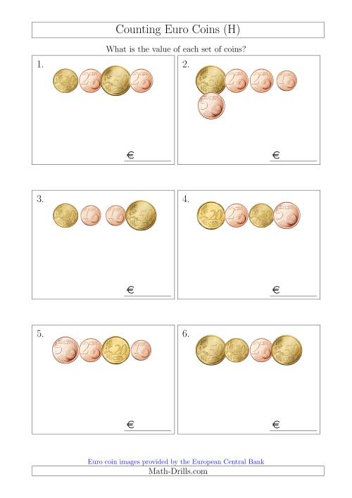 The Counting Small Collections of Euro Coins Without 1 or 2 Euro Coins (H) Math Worksheet