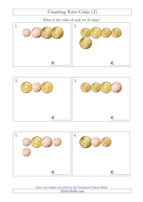 The Counting Small Collections of Euro Coins Without 1 or 2 Euro Coins (J) Math Worksheet