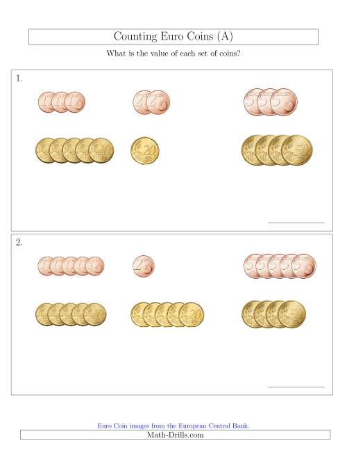 The Counting Small Collections of Euro Coins Sorted Version (No 1 or 2 Euro Coins) (A) Math Worksheet