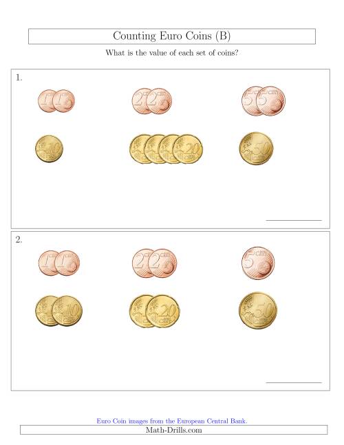 The Counting Small Collections of Euro Coins Sorted Version (No 1 or 2 Euro Coins) (B) Math Worksheet