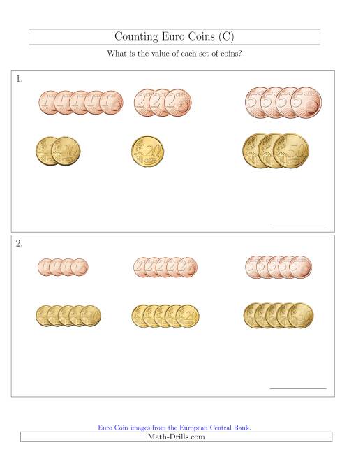 The Counting Small Collections of Euro Coins Sorted Version (No 1 or 2 Euro Coins) (C) Math Worksheet