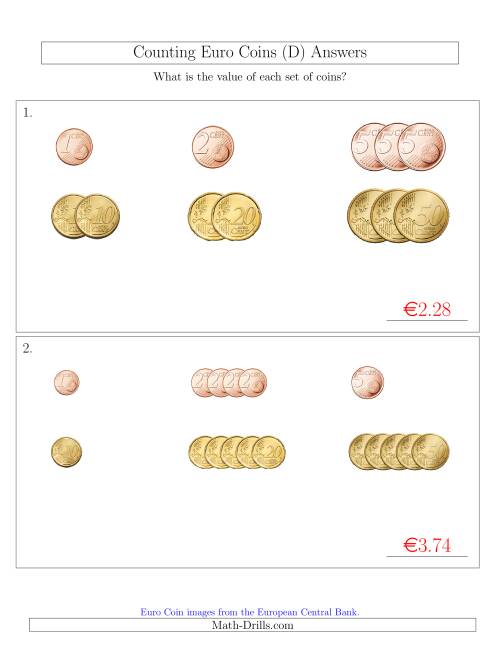 The Counting Small Collections of Euro Coins Sorted Version (No 1 or 2 Euro Coins) (D) Math Worksheet Page 2