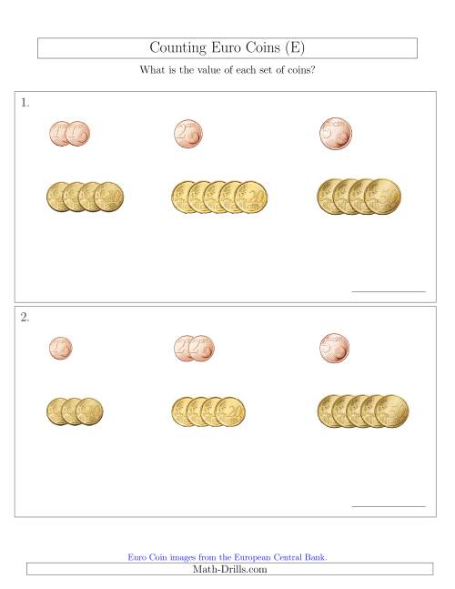 The Counting Small Collections of Euro Coins Sorted Version (No 1 or 2 Euro Coins) (E) Math Worksheet