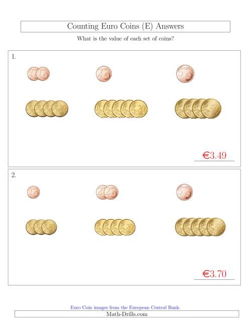 The Counting Small Collections of Euro Coins Sorted Version (No 1 or 2 Euro Coins) (E) Math Worksheet Page 2