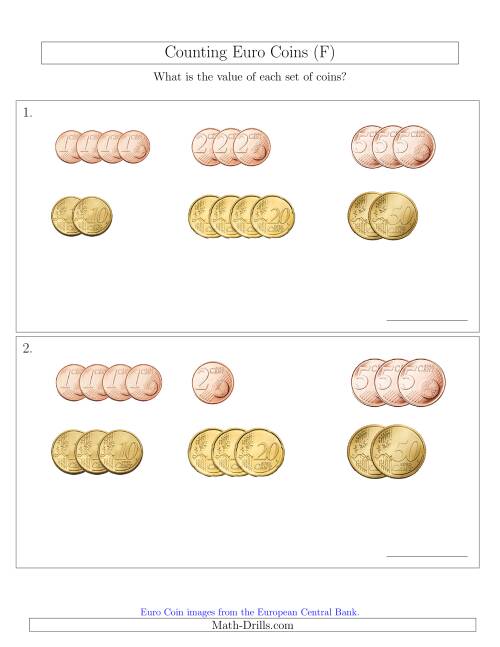 The Counting Small Collections of Euro Coins Sorted Version (No 1 or 2 Euro Coins) (F) Math Worksheet