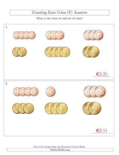The Counting Small Collections of Euro Coins Sorted Version (No 1 or 2 Euro Coins) (F) Math Worksheet Page 2