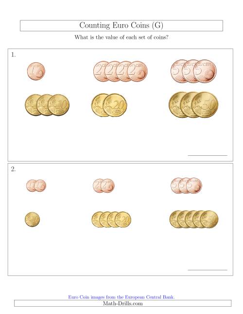 The Counting Small Collections of Euro Coins Sorted Version (No 1 or 2 Euro Coins) (G) Math Worksheet