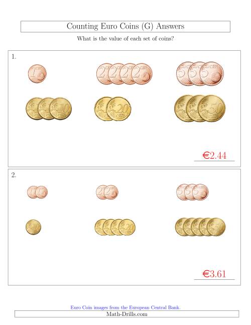 The Counting Small Collections of Euro Coins Sorted Version (No 1 or 2 Euro Coins) (G) Math Worksheet Page 2