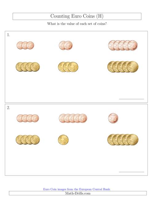 The Counting Small Collections of Euro Coins Sorted Version (No 1 or 2 Euro Coins) (H) Math Worksheet