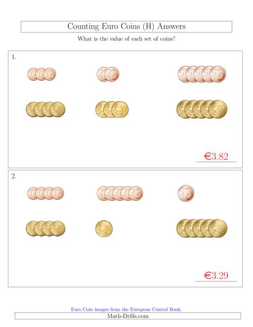The Counting Small Collections of Euro Coins Sorted Version (No 1 or 2 Euro Coins) (H) Math Worksheet Page 2